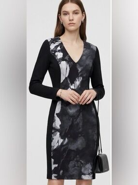 Doo.Ri Black & White Panel V-Neck Long Sleeve Sheath Dress Sz8